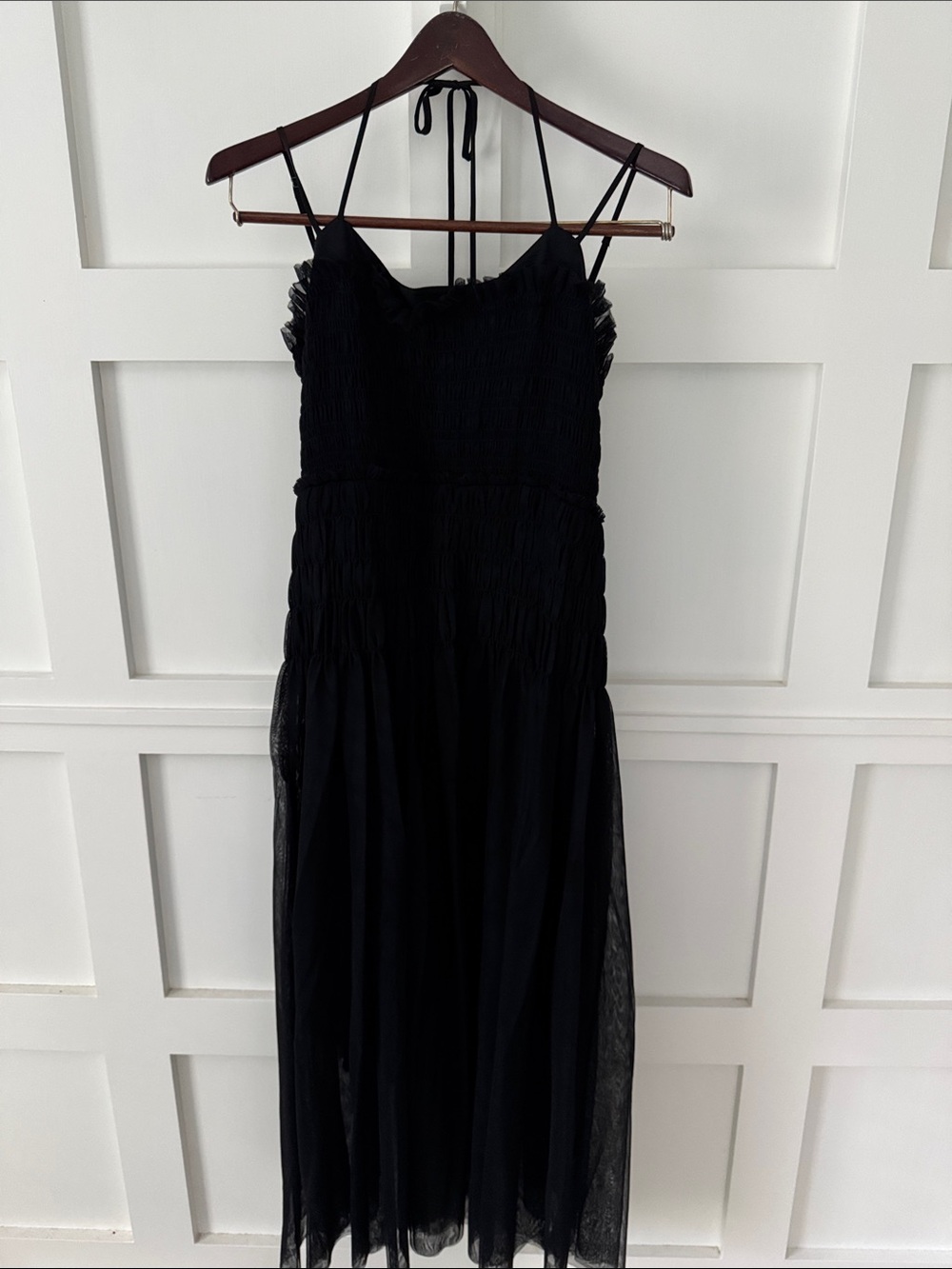 Anthropologie Black Smocked Tulle Midi Dress
